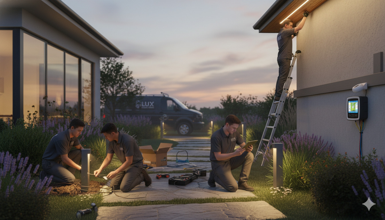 Professional team working on outdoor lighting and irrigation systems